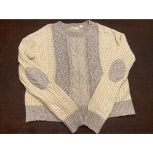 Anthropologie Sleeping on Snow Cable‎ Knit Sweater Cream & Gray Elbow Patches SM